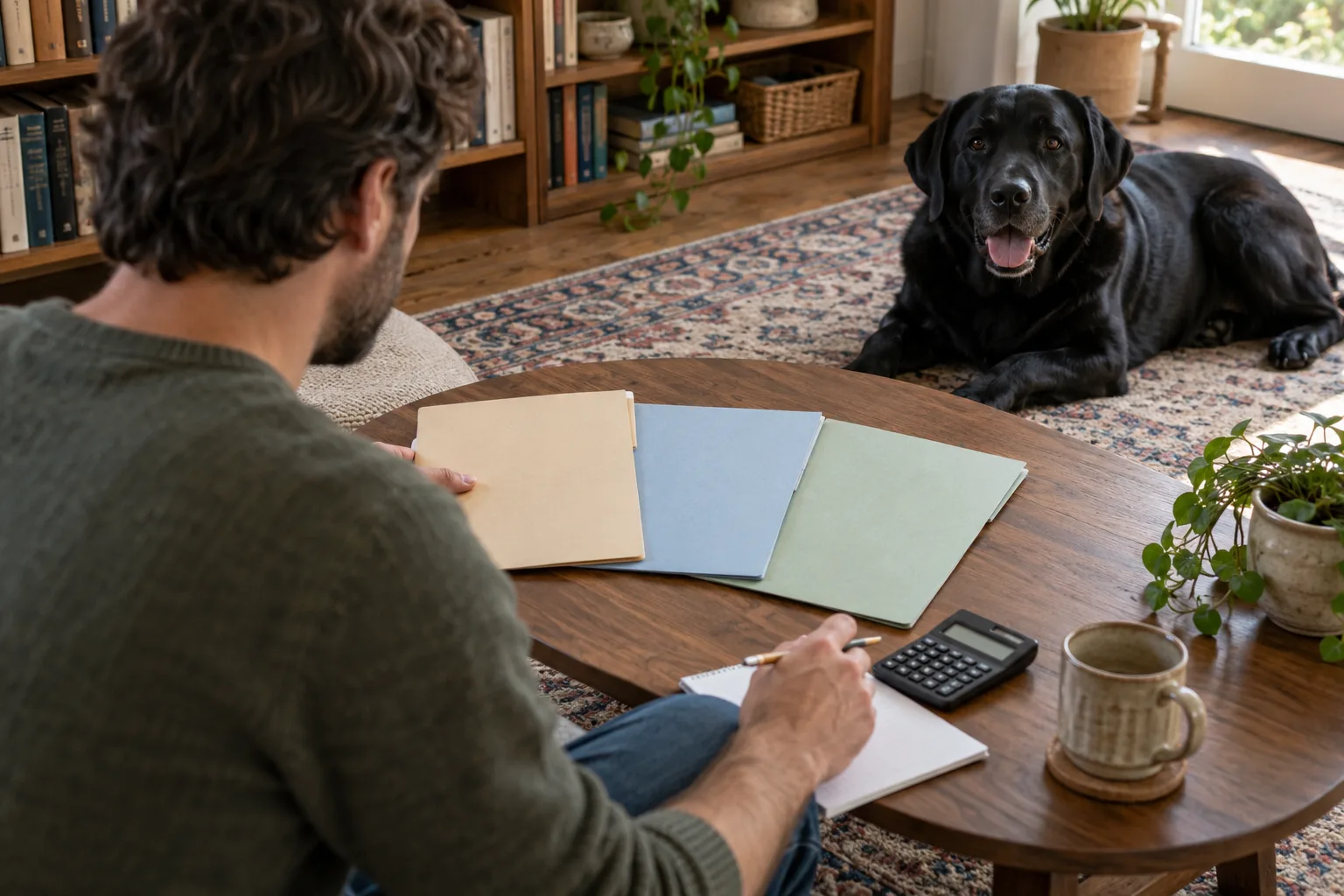 Man comparing folders and taking notes at a round table with a black dog nearby